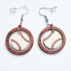 White Baseball Pattern Wood Round Drop Earrings