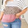 Striped Leopard Color Block Plus Size T-Shirt