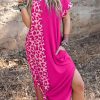 Rose Contrast Solid Leopard Short Sleeve T-shirt Dress With Slits