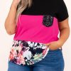 Black Floral Color Block Sequin Pocket Plus Size Tee