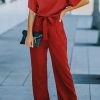 Women's Solid Color Jumpsuit With Tie Waist Belt And Batwing Sleeve From Tianshan