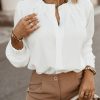 White Crew Neck Gathered Stretch Cuff Shirt