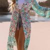 Women's Floral Print Long Sleeve Boho Shift Kimono With Knot And Fringe Tassels