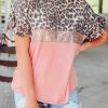 Women's Patchwork T-Shirt With Leopard, Shimmery Rose Gold Sequins And Pink Mineral Wash - Western Casual Style