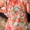 Red Plus Size Watercolor Floral Print Frill Neck Blouse