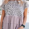 Women's Summer Leopard Pattern Ruffled Patchwork Flared Short Sleeve Crew Neck Top