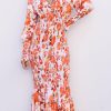 Orange Floral Print Shirred Fit And Flare Deep V Neck Midi Dress