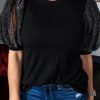 Black Metallic Puff Sleeve Crew Neck Top