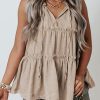 Khaki Split V Neck Tiered Ruffle Tank Top