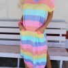 Multicolor Striped Side Split Pockets V Neck T Shirt Midi Dress