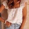 Women's Bohemian Lace Crochet And Pom Pom Trim Tank Top With Ruffled Sleeve And Square Neck