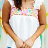 White Aztec Embroidered Square Neck Ruffle Tank Top