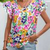 Rose Floral Print Back Tie Flutter Sleeves Blouse