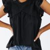 Black Ruffle Sleeve Pleated Yoke Loose Top