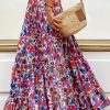 Multicolor Abstract Floral Print Tassel Tie Ruffle Maxi Skirt