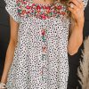 Leopard Floral Embroidery Square Neck Flutter Sleeve Blouse