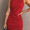 Red Ruched Arch Hem Round Neck Sleeveless Mini Dress