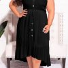 Black Plus Size Spaghetti Straps Buttoned Ruffle Midi Dress