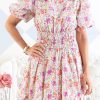 Red Puff Sleeve Smocked Waist Floral Dress