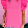 Soft Ribbed Puff Sleeve Top In Rosy Pink