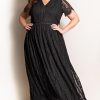 Black Eyelash Lace Short Sleeve Curvy Maxi Dress