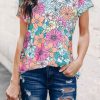 Multicolor Floral Print Asymmetric Hem Short Sleeve Top