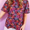 Multicolor Floral Print Round Neck Puff Sleeve Blouse