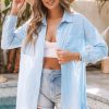 Sky Blue Lightweight Shirt Style Beach Cover Up