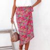 Red Tie Waist Floral Wrap Midi Skirt