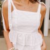 White Eyelet Pattern Tied Shoulder Peplum Tank Top