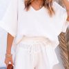 White Relaxed V Neck Blouse And Drawstring Raw Hem Shorts Set