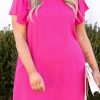 "Plus Size Rosy Solid Color Shift Dress With Flirty Flutter Sleeves And Keyhole Tie"