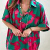 Abstract Print Loose Fit Blouse With Classic Collar And Cuffed Short Sleeves