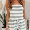 White Stripe Print Strapless Tie Waist Romper