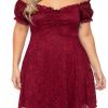 Red Lace Frill Bubble Sleeve Off Shoulder Plus Size Dress