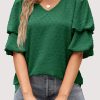 Green Swiss Dot Double Puff Sleeve Blouse