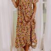 Yellow Puff Sleeve Square Neck Open Back Floral Midi Dress