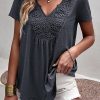 Gray Lace Crochet Patchwork V Neck T Shirt