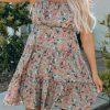 Khaki Flower Print Tiered Frilled Knotted Spaghetti Strap Mini Dress