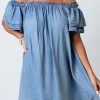 Sky Blue Off-shoulder Ruffle Sleeves Chambray Dress