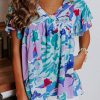 Sky Blue Abstract Print V Neck Flutter Sleeve Blouse