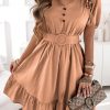 Brown V-Neck Ruffle Buttoned Midi Dress