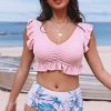 Pink Ribbed Ruched Ruffle Top Printed Bikini Set