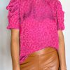 Leopard Bubble Sleeve Round Neck Blouse