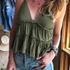 Green Tiered Ruffled Spaghetti Strap V Neck Tank Top