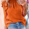 Orange Flutter Sleeve Frilled Neck Textured Blouse