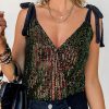 Glittery Green Sequin Bodysuit With Sleeveless V-Neck Design And Tie Shoulders For Women