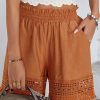 Brown Smocked Waist Crochet Hem Casual Loose Shorts