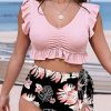 Ruffled Floral Bikini Swimsuit - High Waist Bottom