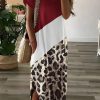 Red Leopard Color Block Side Slit T Shirt Maxi Dress